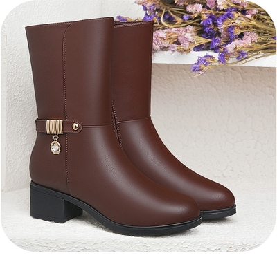 2017秋新款真皮女靴中筒靴中跟短靴方跟馬丁靴子女單靴女鞋皮靴側拉鏈百搭中年保暖棉靴 東材中筒靴型號【價格 圖片 品牌 報價】-蘇寧易購力盾服飾鞋帽專營店