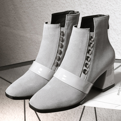 時(shí)尚與舒適并存 2017新款賓如意個(gè)性鉚釘粗跟短靴